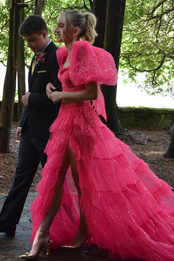 Sparkly Fuchsia A-Line 2 Pieces Puff Sleeves Ruffles Tulle Long Prom Dress with Slit