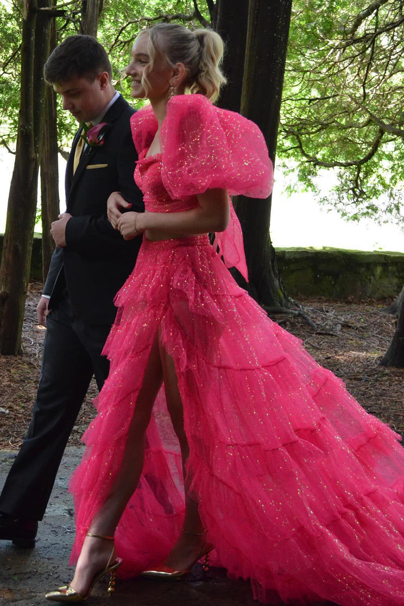 Load image into Gallery viewer, Sparkly Fuchsia A-Line 2 Pieces Puff Sleeves Ruffles Tulle Long Prom Dress with Slit