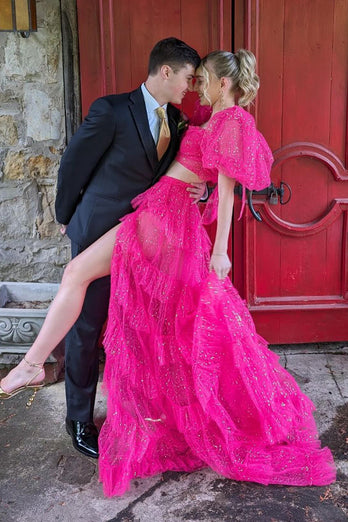 Sparkly Fuchsia A-Line 2 Pieces Puff Sleeves Ruffles Tulle Long Prom Dress with Slit