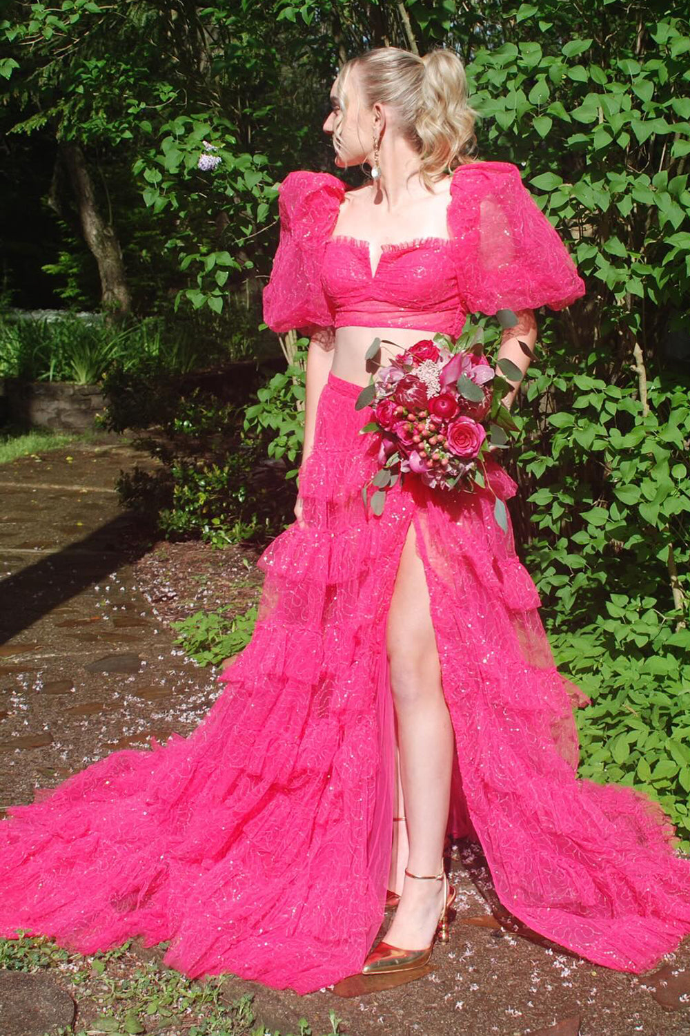 Sparkly Fuchsia A-Line 2 Pieces Puff Sleeves Ruffles Tulle Long Prom Dress with Slit