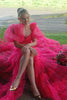 Load image into Gallery viewer, Sparkly Fuchsia A-Line 2 Pieces Puff Sleeves Ruffles Tulle Long Prom Dress with Slit