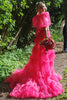 Load image into Gallery viewer, Sparkly Fuchsia A-Line 2 Pieces Puff Sleeves Ruffles Tulle Long Prom Dress with Slit