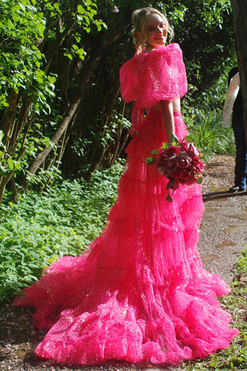 Sparkly Fuchsia A-Line 2 Pieces Puff Sleeves Ruffles Tulle Long Prom Dress with Slit