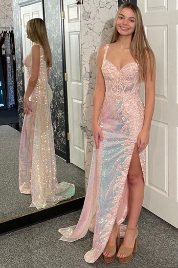 Sparkly Light Pink Mermaid One Shoulder Corset Sequined Appliques Long Prom Dress with Slit