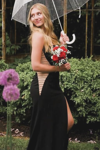 Sparkly Black Mermaid Strapless Beading Satin Long Prom Dress with Slit