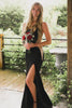 Load image into Gallery viewer, Sparkly Black Mermaid Strapless Beading Satin Long Prom Dress with Slit