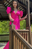 Load image into Gallery viewer, Fuchsia Mermaid Puff Sleeves V Neck Long Prom Dress with Slit