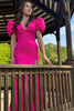 Load image into Gallery viewer, Fuchsia Mermaid Puff Sleeves V Neck Long Prom Dress with Slit