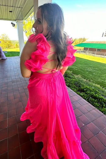 Fuchsia A-Line Ruffle Shoulder Straps Lace-Up Long Prom Dress