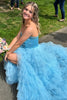 Load image into Gallery viewer, Sparkly Light Blue A-Line Strapless Beaded Ruffles Bows Long Prom Dress with Slit