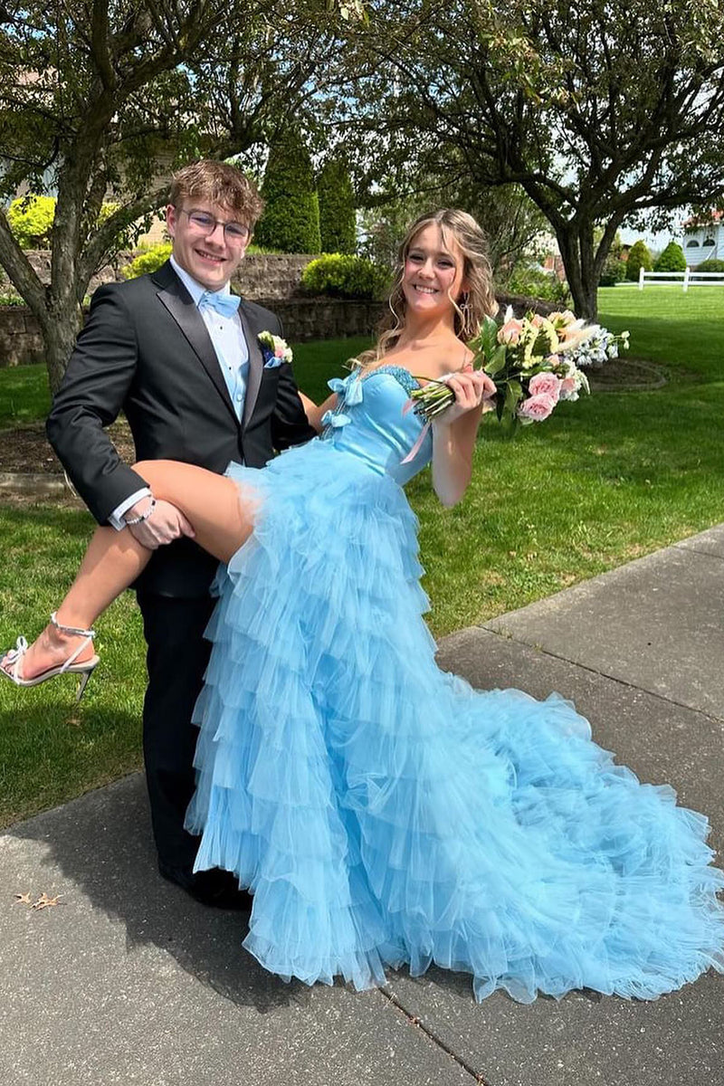 Load image into Gallery viewer, Sparkly Light Blue A-Line Strapless Beaded Ruffles Bows Long Prom Dress with Slit