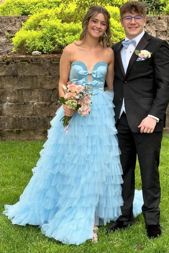 Sparkly Light Blue A-Line Strapless Beaded Ruffles Bows Long Prom Dress with Slit