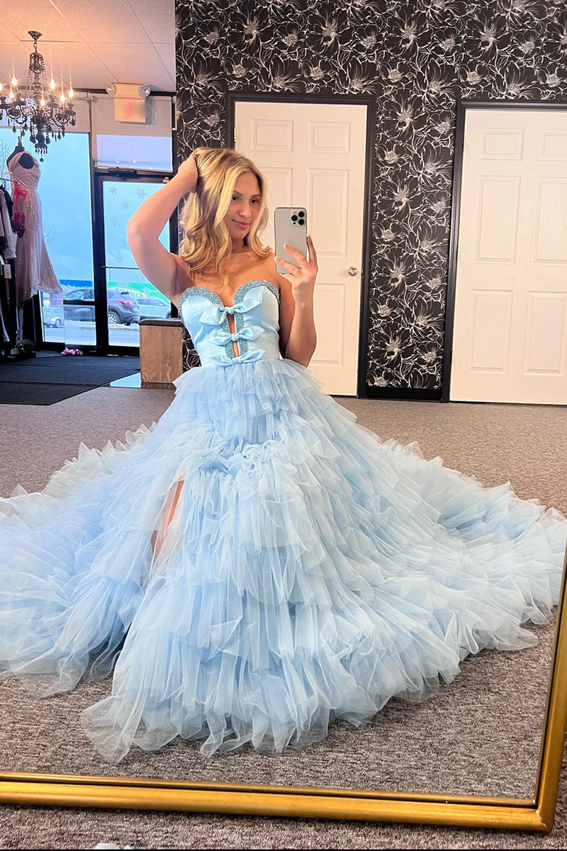 Load image into Gallery viewer, Sparkly Light Blue A-Line Strapless Beaded Ruffles Bows Long Prom Dress with Slit