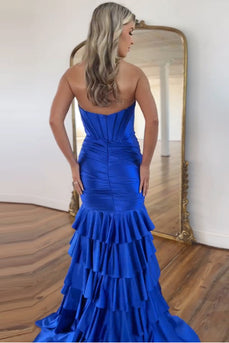 Royal Blue Mermaid Strapless Corset Tiered Long Prom Dress with Slit