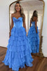 Load image into Gallery viewer, Blue A-Line Strapless Ruched Corset Tiered Long Prom Dress with Slit