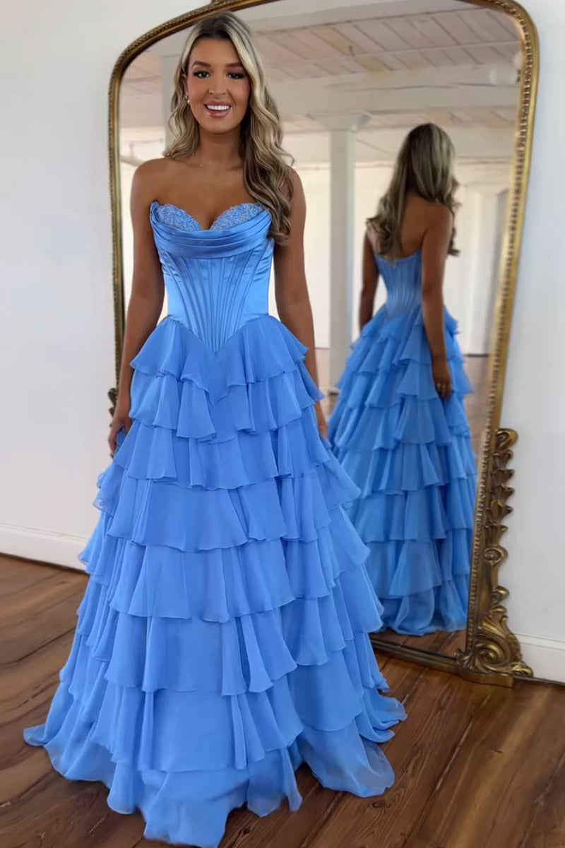 Load image into Gallery viewer, Blue A-Line Strapless Ruched Corset Tiered Long Prom Dress with Slit