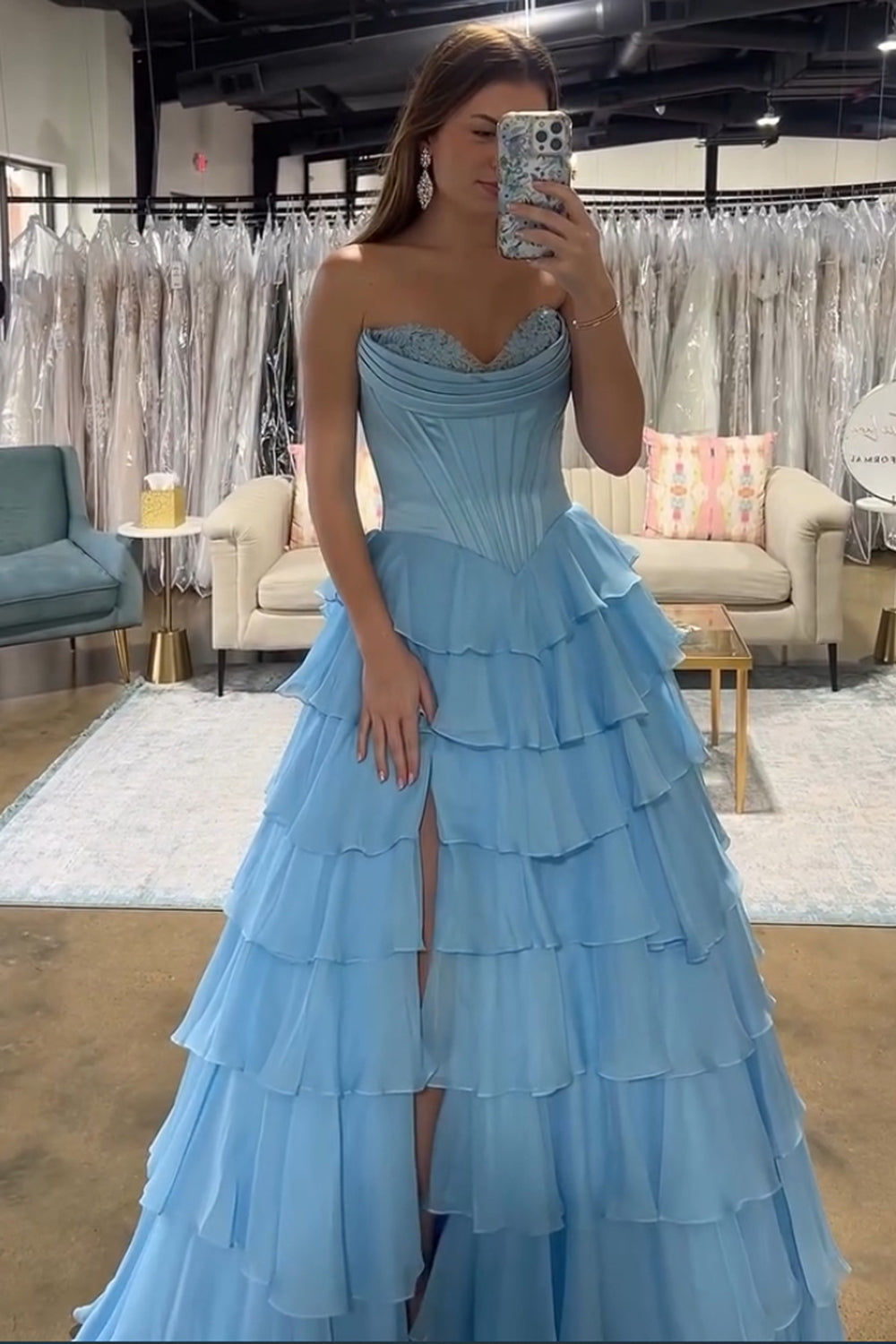 Strapless A Line Blue Tiered Corset Chiffon Long Prom Dress