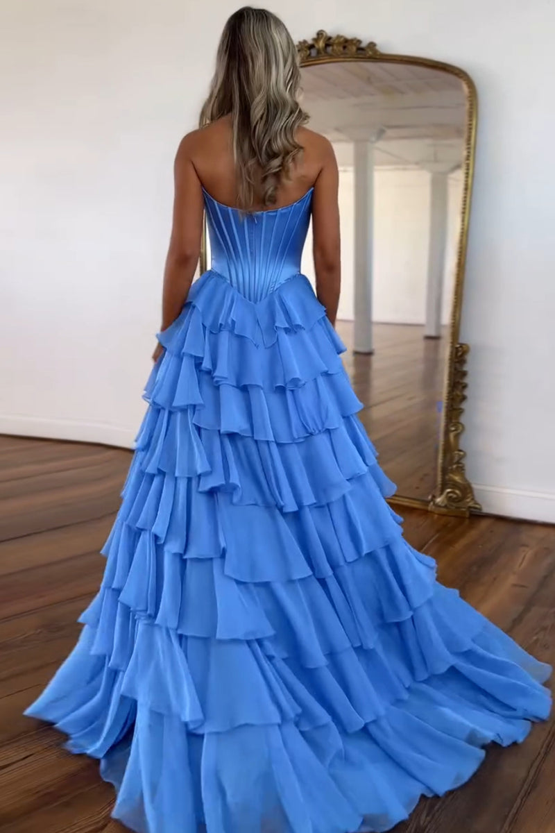 Load image into Gallery viewer, Blue A-Line Strapless Ruched Corset Tiered Long Prom Dress with Slit