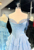 Load image into Gallery viewer, Blue A-Line Strapless Ruched Corset Tiered Long Prom Dress with Slit