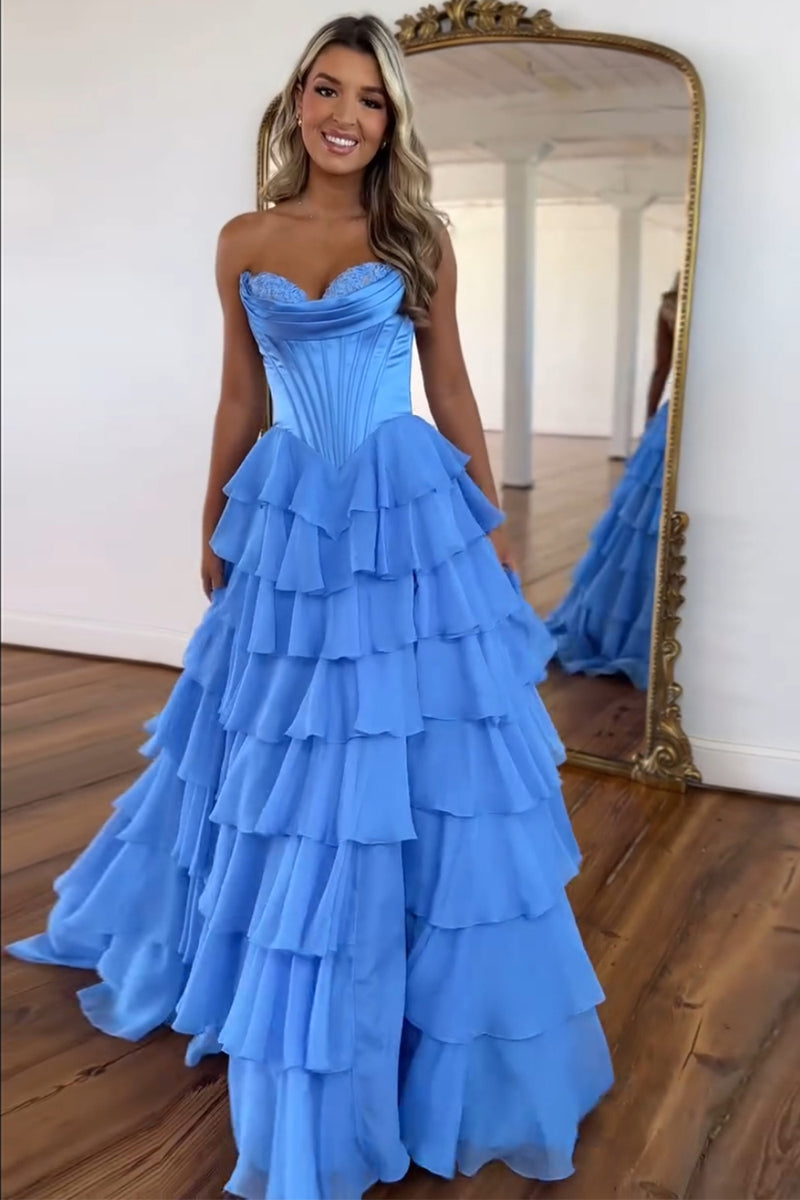 Load image into Gallery viewer, Blue A-Line Strapless Ruched Corset Tiered Long Prom Dress with Slit