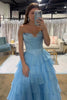 Load image into Gallery viewer, Strapless A Line Blue Tiered Corset Chiffon Long Prom Dress