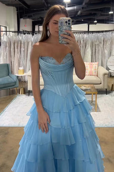 Strapless A Line Blue Tiered Corset Chiffon Long Prom Dress