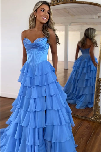 Blue A-Line Strapless Ruched Corset Tiered Long Prom Dress with Slit