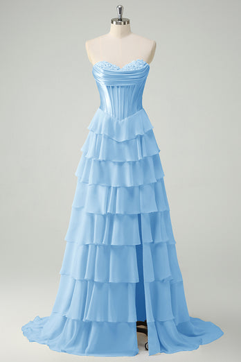 Blue A-Line Strapless Ruched Corset Tiered Long Prom Dress with Slit