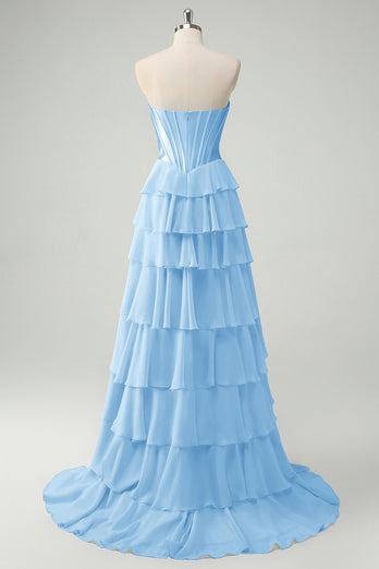 Blue A-Line Strapless Ruched Corset Tiered Long Prom Dress with Slit