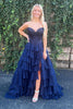 Load image into Gallery viewer, Blue A-Line Strapless Ruched Corset Tiered Long Prom Dress with Slit