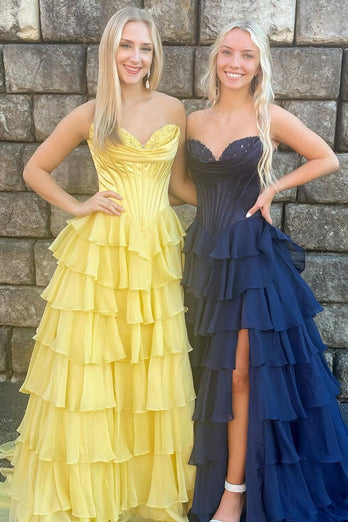 Blue A-Line Strapless Ruched Corset Tiered Long Prom Dress with Slit