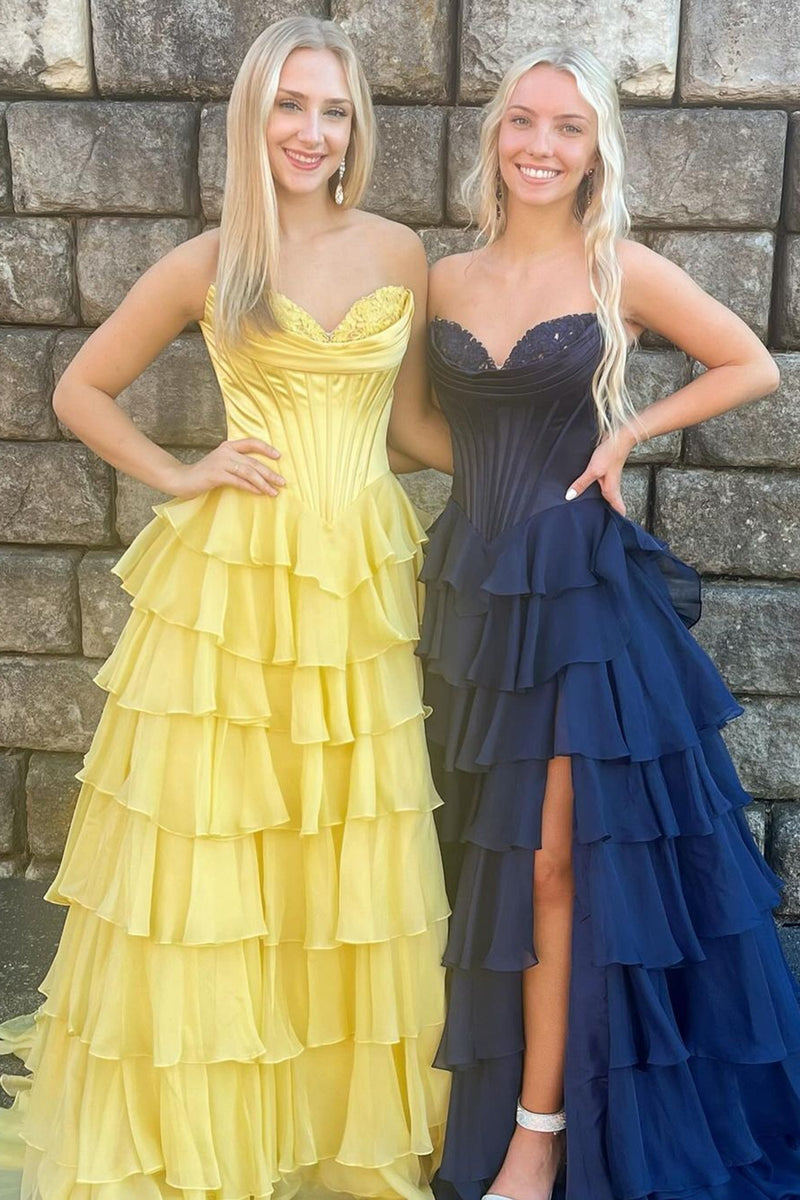 Load image into Gallery viewer, Blue A-Line Strapless Ruched Corset Tiered Long Prom Dress with Slit