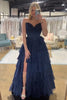 Load image into Gallery viewer, Strapless A Line Blue Tiered Corset Chiffon Long Prom Dress