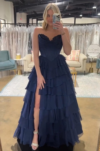 Strapless A Line Blue Tiered Corset Chiffon Long Prom Dress