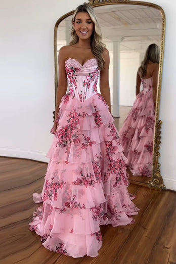 Blush A-Line Strapless Corset Floral Tiered Long Prom Dress with Slit