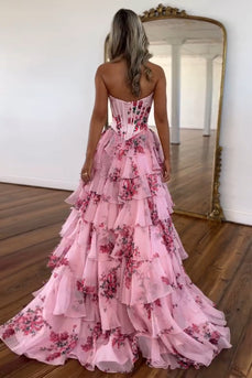 Blush A-Line Strapless Corset Floral Tiered Long Prom Dress with Slit