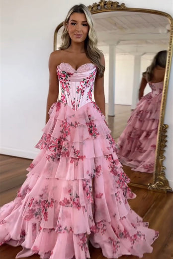 Blush A-Line Strapless Corset Floral Tiered Long Prom Dress with Slit