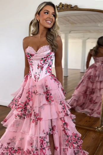 Blush A-Line Strapless Corset Floral Tiered Long Prom Dress with Slit