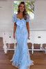 Load image into Gallery viewer, Sparkly Blue Mermaid Flowers Puff Sleeves Long Prom Dress with Bow