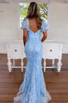 Sparkly Blue Mermaid Flowers Puff Sleeves Long Prom Dress with Bow