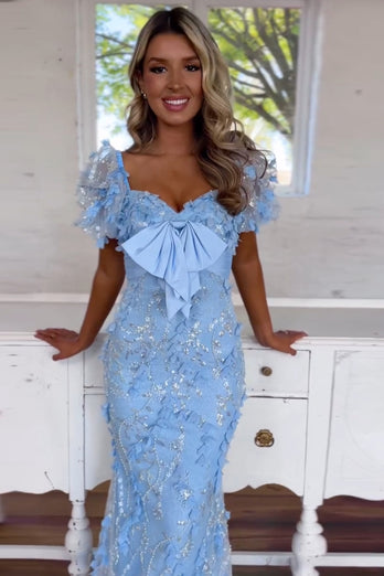 Sparkly Blue Mermaid Flowers Puff Sleeves Long Prom Dress with Bow