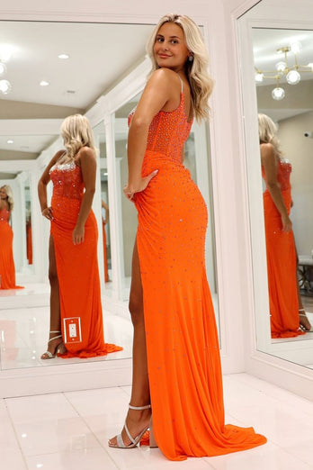 Sparkly Orange Mermaid Spaghetti Straps Corset Beaded Long Prom Dress with Slit