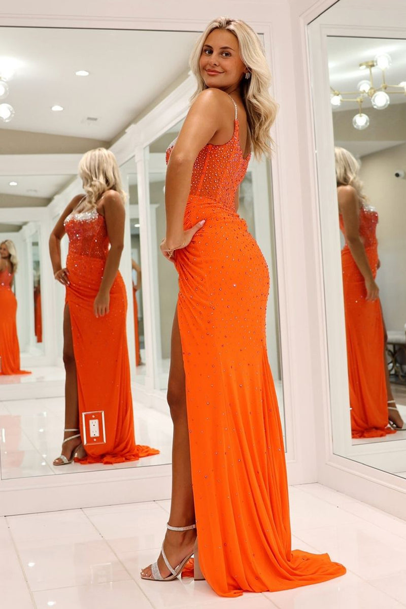 Load image into Gallery viewer, Sparkly Orange Mermaid Spaghetti Straps Corset Beaded Long Prom Dress with Slit