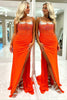 Load image into Gallery viewer, Sparkly Orange Mermaid Spaghetti Straps Corset Beaded Long Prom Dress with Slit