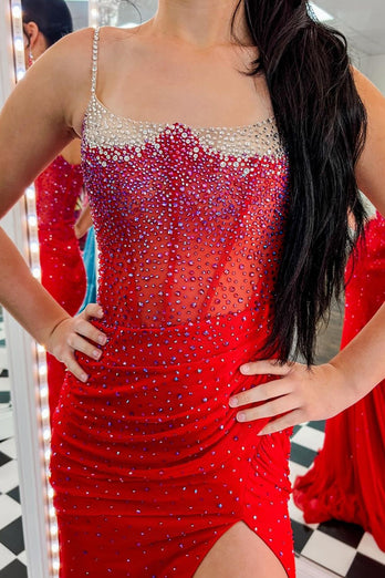 Sparkly Orange Mermaid Spaghetti Straps Corset Beaded Long Prom Dress with Slit