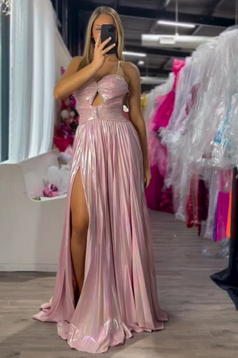 Metallic Blush A-Line Spaghetti Straps Beaded Ruched Long Prom Dress with Slit