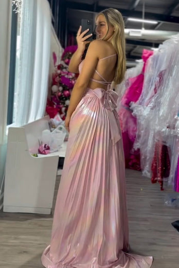 Metallic Blush A-Line Spaghetti Straps Beaded Ruched Long Prom Dress with Slit