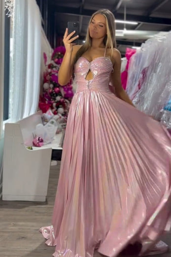 Metallic Blush A-Line Spaghetti Straps Beaded Ruched Long Prom Dress with Slit