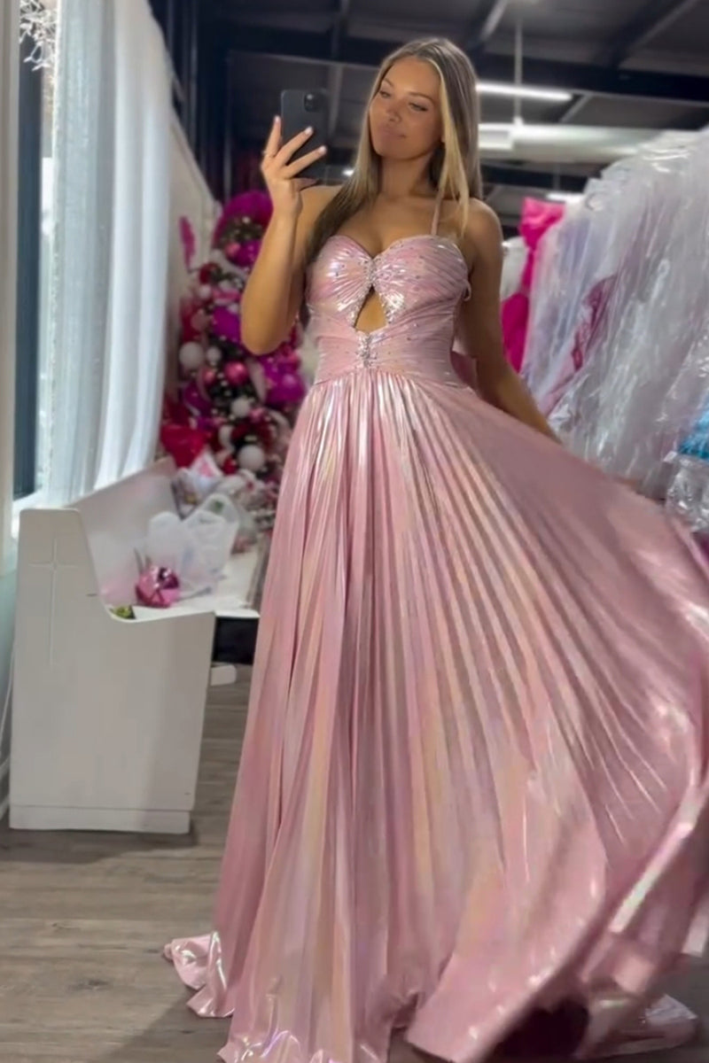 Load image into Gallery viewer, Metallic Blush A-Line Spaghetti Straps Beaded Ruched Long Prom Dress with Slit