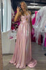 Load image into Gallery viewer, Metallic Blush A-Line Spaghetti Straps Beaded Ruched Long Prom Dress with Slit